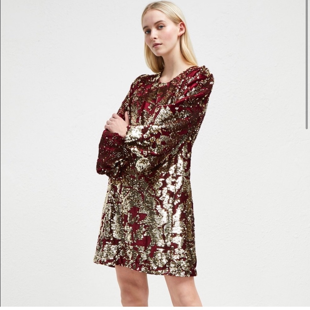 French Connection Burgundy velvet dress with golden sequins